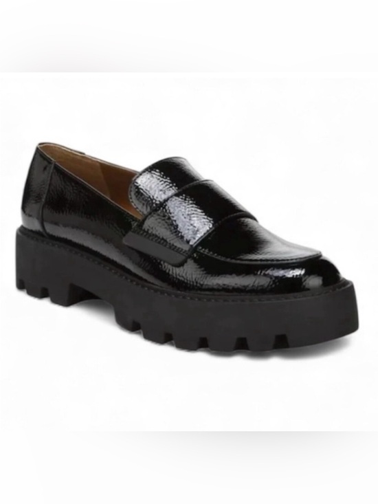 Franco Sarto Woman’s Cassandra Black Pebbled Patent Lug Sole Loafers Size 7M